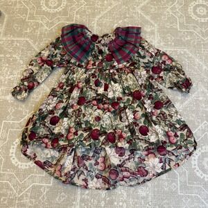 Vintage Cotton Collection Girls 2T‎ Dress Floral Plaid Ruffle Collar Long Sleeve